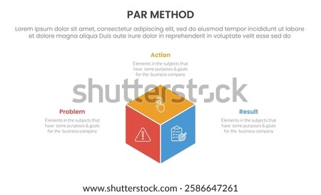 PAR method infographic 3 point with 3d box shape center for slide presentation vector