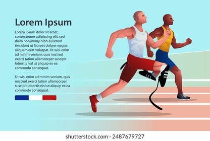 Para atletas carreras con piernas protésicas en una pista de carreras. Perfecto para un artículo de evento deportivo, esto destaca la determinación, el atletismo y el triunfo del espíritu humano.