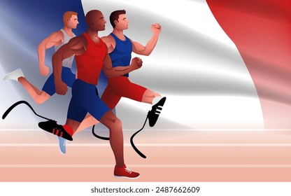 Para-Athleten, die mit Prothesen auf einer Laufbahn mit der französischen Flagge im Hintergrund rennen und Sportveranstaltungen, Entschlossenheit, Athletik und den Triumph des menschlichen Geistes präsentieren.