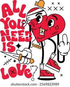 Ilustración diseño para camisetas con personaje de corazón con estilo urbano "All you need is love"