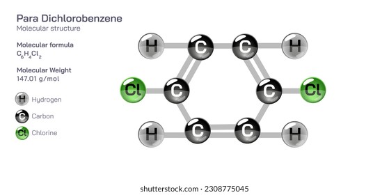 Para Dichlorobenzene molecular structure formula. Periodic table structural molecular formula Vector design. Pharmaceutical compounds and composition. Easily printable product with correct CPK colour.