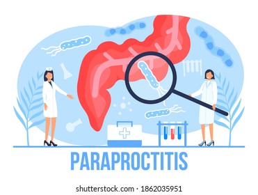 Para proctitis concept vector for medical web. app. blog. Intestine doctors examine, treat dysbiosis. Tiny therapist of proctology make colonoscopy. Proctologist working.