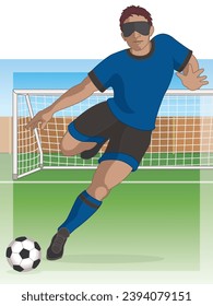 para sports 5-a-side football male player who is visually impaired kicking ball outdoors with net and field in background