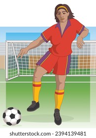 para sports 7-a-side football male player with neurological disability kicking ball including net and field in background