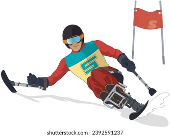 para sports alpine skiing, male skier with a physical disability sitting in specialized mono-ski downhill on with flag isolated on a white background