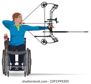 para sports archery, female athlete with a physical disability sitting in specialized wheelchair holding bow and arrow isolated on a white background