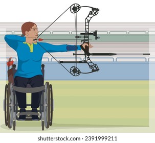 para sports archery, female athlete with a physical disability sitting in specialized wheelchair holding bow and arrow with stadium in the background