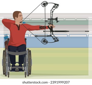 para sports archery, male athlete with a physical disability sitting in specialized wheelchair holding bow and arrow with stadium in the background