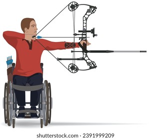 para sports archery, male athlete with a physical disability sitting in specialized wheelchair holding bow and arrow isolated on a white background