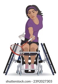 para sports badminton, female athlete with a physical disability sitting in specialized wheelchair holding racquet hitting shuttle isolated on a white background