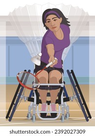 para sports badminton, female athlete with a physical disability sitting in specialized wheelchair holding racquet hitting shuttle with stadium background