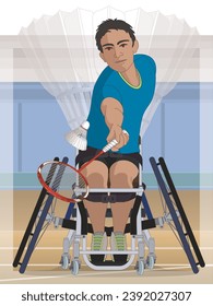 para sports badminton, male athlete with a physical disability sitting in specialized wheelchair holding racquet hitting shuttle with stadium background