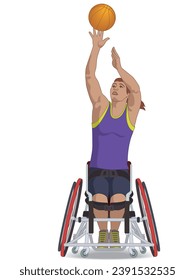 para sports basketball, female athlete with a physical disability sitting in a wheelchair throwing ball, isolated on a white background