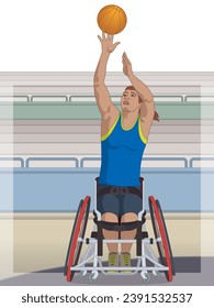 para sports basketball, female athlete with a physical disability sitting in a wheelchair throwing ball, with stadium seating in background