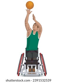 para sports basketball, male athlete with a physical disability sitting in a wheelchair throwing ball, isolated on a white background