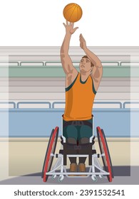 para sports basketball, male athlete with a physical disability sitting in a wheelchair throwing ball, with stadium seating in background