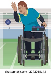 Parasportboccia, weibliche Sportlerin mit körperlicher Behinderung, die auf spezialisierten Rollstuhlfahrern sitzt und einen Bokkenkugel mit Stadion auf dem Hintergrund wirft