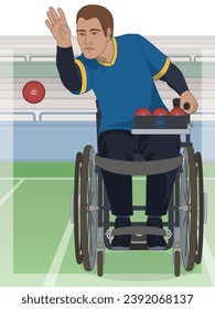 Para-Sportboccia, männlicher Athlet mit einer körperlichen Behinderung sitzend in spezialisierten Rollstuhl werfen einen Bokcia-Ball mit Stadion auf Hintergrund