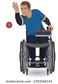 Para-Sportboccia, männlicher Athlet mit einer körperlichen Behinderung, der auf spezialisierten Rollstuhlfahrern sitzt und einen Bokkenkugel einzeln auf weißem Hintergrund wirft