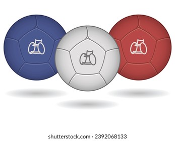 Para-Sportboccia, zwei Bokeh-Bälle rot-blau mit weißem Zielball mit Rollstuhlsymbol einzeln auf weißem Hintergrund