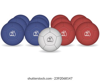 Parasportboccia, zwei Bälle, rot-blau mit weißem Zielball mit Rollstuhlsymbol einzeln auf weißem Hintergrund