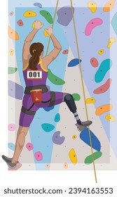 para sports climbing female climber with a physical disability scaling indoor wall