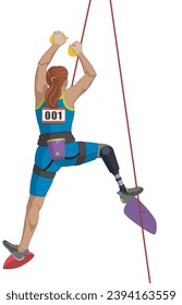 para sports climbing female climber with a physical disability scaling up isolated on a white background