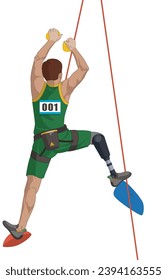 para sports climbing male climber with a physical disability scaling up isolated on a white background