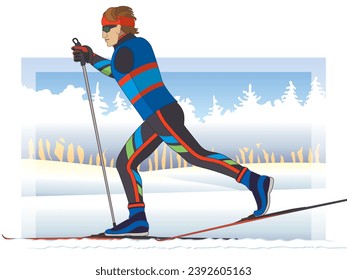 para sports cross-country skiing, male skier with a physical disability skiing on tracks in snow with trees in background