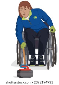 para sports curling, female curler with a physical disability sitting in a specialized wheelchair sliding rock with delivery stick isolated on a white background