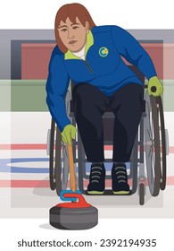 para sports curling, female curler with a physical disability sitting in a specialized wheelchair sliding rock with delivery stick on ice with arena in background