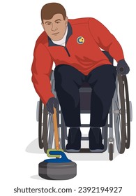 para curling deportivo, curler masculino con discapacidad física sentado en una roca de silla de ruedas especializada con vara de parto aislada en fondo blanco