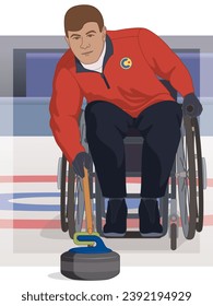 para sports curling, male curler with a physical disability sitting in a specialized wheelchair sliding rock with delivery stick on ice with arena in background