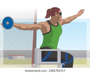 para sports discus throw, female athlete who is visually impaired, track and field, with net and stadium in the background