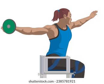 para sports discus throw, female athlete with a physical disability, track and field, isolated on a white background