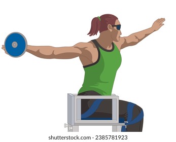 para sports discus throw, female athlete who is visually impaired, track and field, isolated on a white background