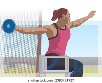 para sports discus throw, female athlete with a physical disability, track and field, with net and stadium in background