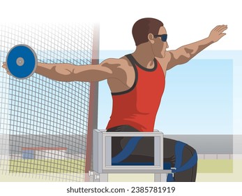 para sports discus throw, male athlete who is visually impaired, track and field, with net and stadium in the background