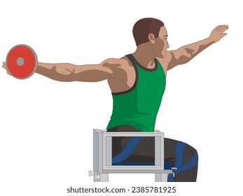 para sports discus throw, male athlete with a physical disability, track and field, isolated on a white background