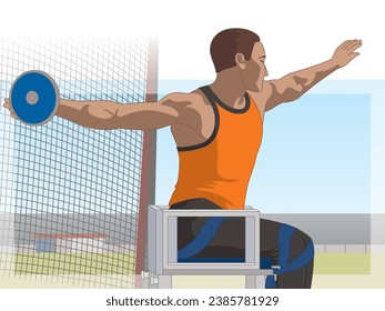 para sports discus throw, male athlete with a physical disability, track and field, with net and stadium in background