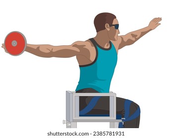 para sports discus throw, male athlete who is visually impaired, track and field, isolated on a white background