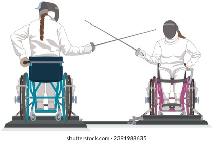 para sports fencing, female fencers with physical disabilities sitting in wheelchairs in en garde position, isolated on a white background