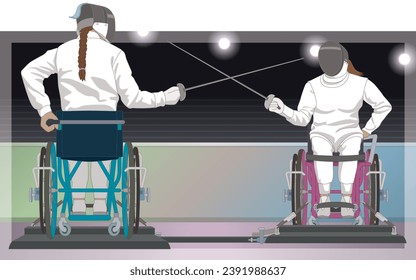 para sports fencing, female fencers with physical disabilities sitting in wheelchairs in en garde position, with indoor stadium in background