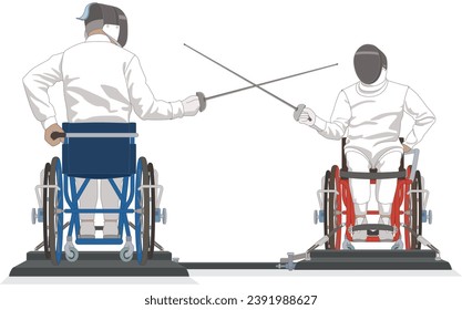 para sports fencing, male fencers with physical disabilities sitting in wheelchairs in en garde position, isolated on a white background