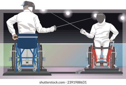 para sports fencing, male fencers with physical disabilities sitting in wheelchairs in en garde position, with indoor stadium in background