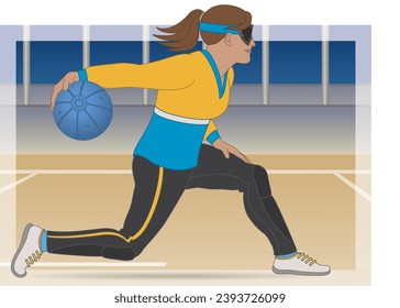 para sports goalball centre female athlete who is visually impaired, throwing ball on court with background