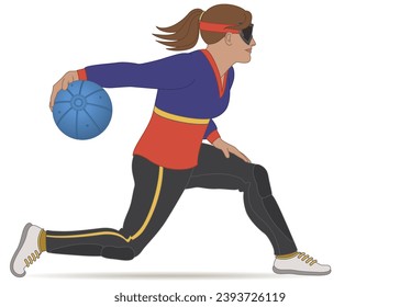 para sports goalball centre female athlete who is visually impaired, throwing ball isolated on a white background