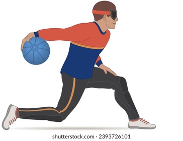 para sports goalball centre male athlete who is visually impaired, throwing ball isolated on a white background