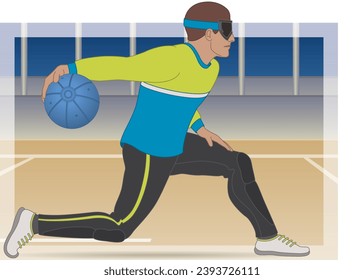 para sports goalball centre male athlete who is visually impaired, throwing ball on court with background