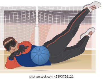 para sports goalball defence male athlete who is visually impaired, stopping ball on court with net in background